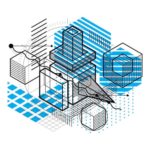 Isometric abstract background with lines and other different elements, vector abstract template. Composition of cubes, hexagons, squares, rectangles and different abstract elements.