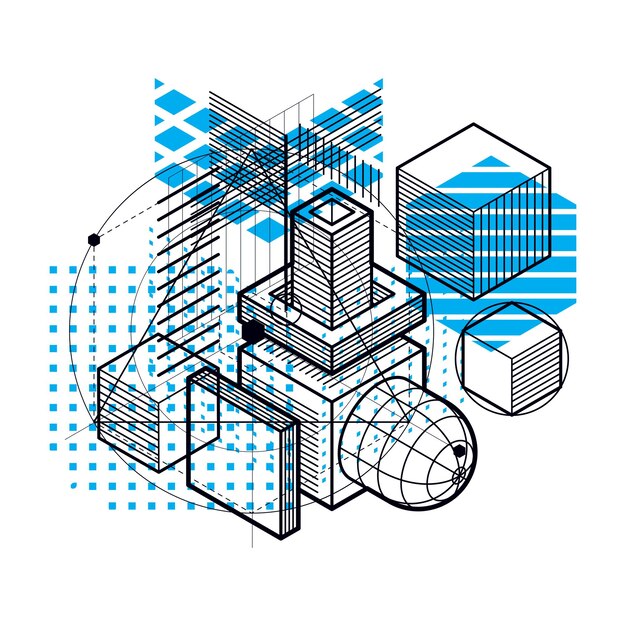 Isometric abstract background with lines and other different elements, vector abstract template. Composition of cubes, hexagons, squares, rectangles and different abstract elements.
