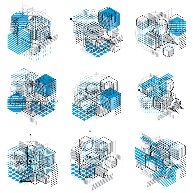 isometric abstract backgrounds with linear dimensional shapes, vector 3d mesh elements. compositions of cubes, hexagons, squares, rectangles and different abstract elements. vector collection.