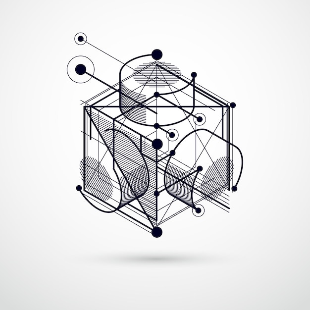 isometric abstract black and white background with linear dimensional cube shapes, vector 3d mesh elements. layout of cubes, hexagons, squares, rectangles and different abstract elements.