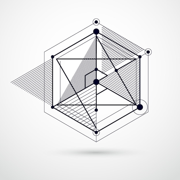 Isometric abstract black and white background with linear dimensional cube shapes, vector 3d mesh elements. Layout of cubes, hexagons, squares, rectangles and different abstract elements.