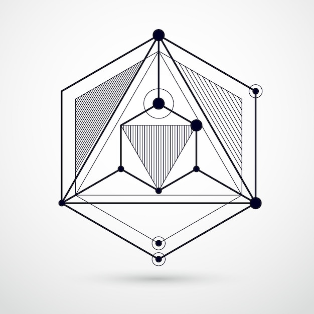 Isometric abstract black and white background with linear dimensional cube shapes, vector 3d mesh elements. Layout of cubes, hexagons, squares, rectangles and different abstract elements.