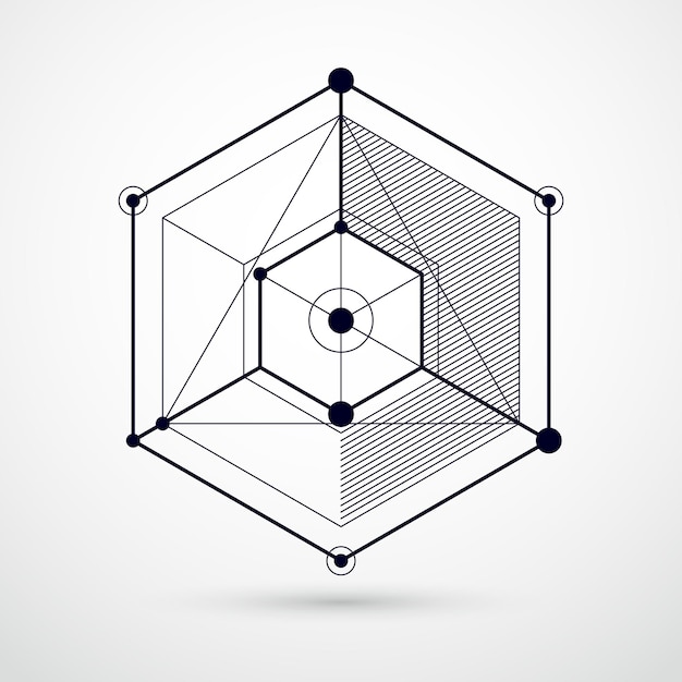 isometric abstract black and white background with linear dimensional cube shapes, vector 3d mesh elements. layout of cubes, hexagons, squares, rectangles and different abstract elements.