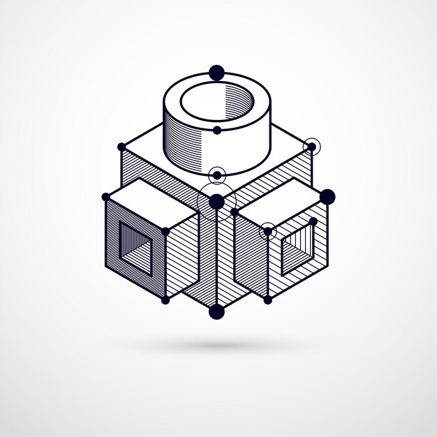 Isometric abstract black and white background with linear dimensional cube shapes, vector 3d mesh elements. Layout of cubes, hexagons, squares, rectangles and different abstract elements.
