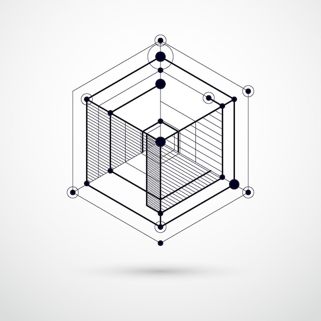 Isometric abstract black and white background with linear dimensional cube shapes, vector 3d mesh elements. Layout of cubes, hexagons, squares, rectangles and different abstract elements.