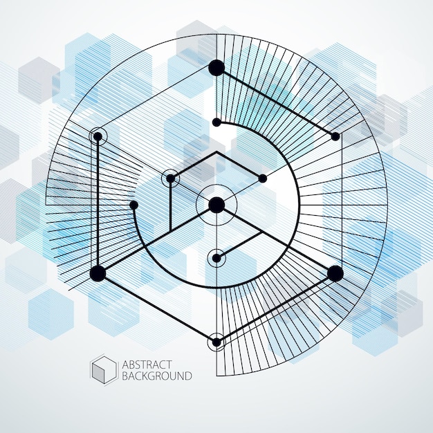 Isometric abstract blue background with linear dimensional cube shapes, vector 3d mesh elements. Layout of cubes, hexagons, squares, rectangles and different abstract elements.
