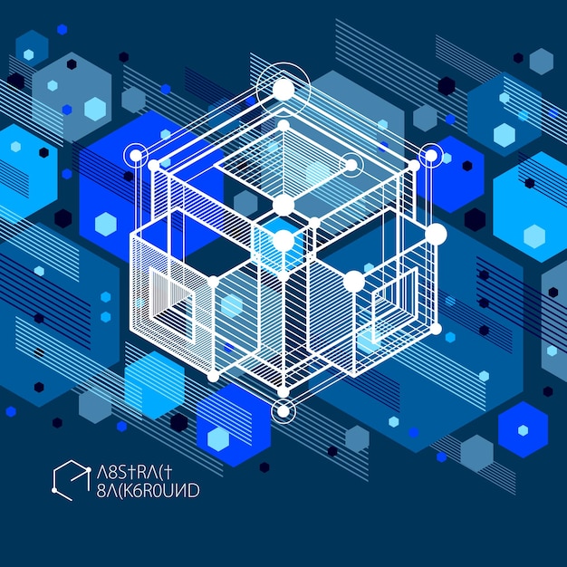 Isometric abstract dark blue background with linear dimensional cube shapes, vector 3d mesh elements. Layout of cubes, hexagons, squares, rectangles and different abstract elements.