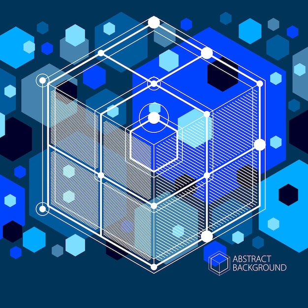 Isometric abstract dark blue background with linear dimensional cube shapes, vector 3d mesh elements. Layout of cubes, hexagons, squares, rectangles and different abstract elements.
