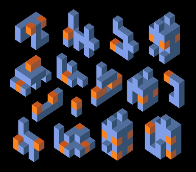isometric abstract geometric design elements with colored parts on a dark background
