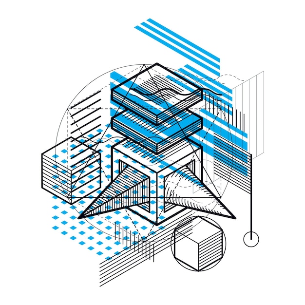 isometric abstraction with lines and different elements, vector abstract background. composition of cubes, hexagons, squares, rectangles and different abstract elements.