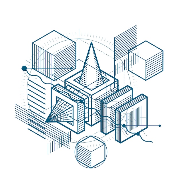 isometric abstraction with lines and different elements, vector abstract background. composition of cubes, hexagons, squares, rectangles and different abstract elements.