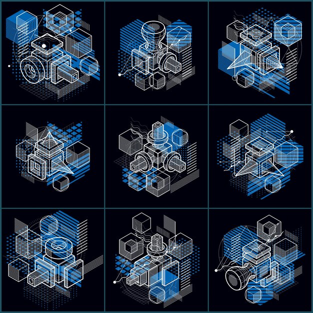 Isometric abstractions with lines and different elements, vector abstract backgrounds. Compositions of cubes, hexagons, squares, rectangles and different abstract elements. Vector set.