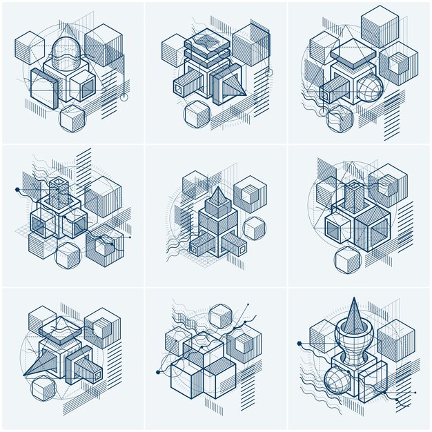 Isometric abstractions with lines and different elements, vector abstract backgrounds. Compositions of cubes, hexagons, squares, rectangles and different abstract elements. Vector set.