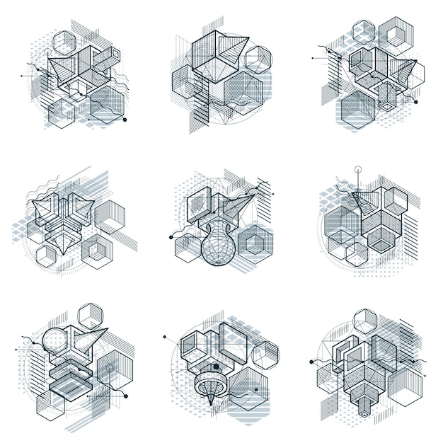 Isometric abstractions with lines and different elements, vector abstract backgrounds. Compositions of cubes, hexagons, squares, rectangles and different abstract elements. Vector set.