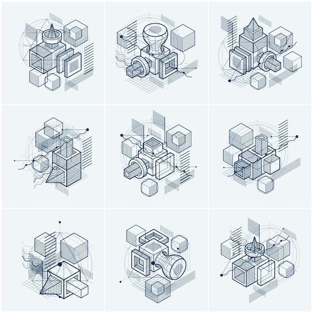 Isometric abstractions with lines and different elements, vector abstract backgrounds. Compositions of cubes, hexagons, squares, rectangles and different abstract elements. Vector set.