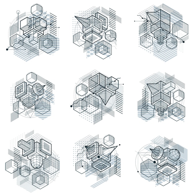 isometric abstractions with lines and different elements, vector abstract backgrounds. compositions of cubes, hexagons, squares, rectangles and different abstract elements. vector set.