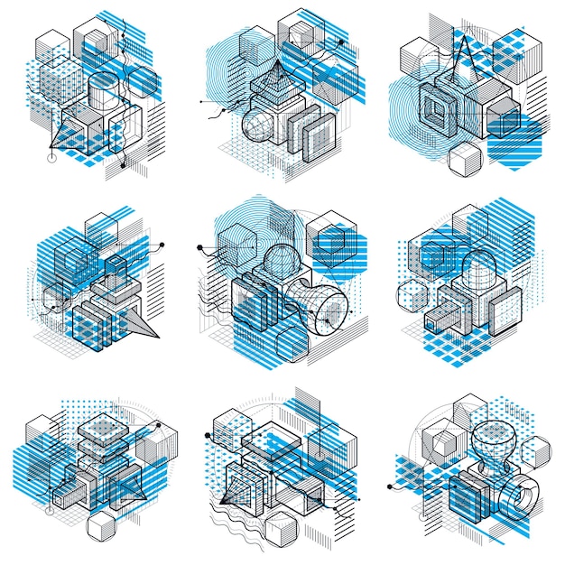 Isometric abstractions with lines and different elements, vector abstract backgrounds. Compositions of cubes, hexagons, squares, rectangles and different abstract elements. Vector set.