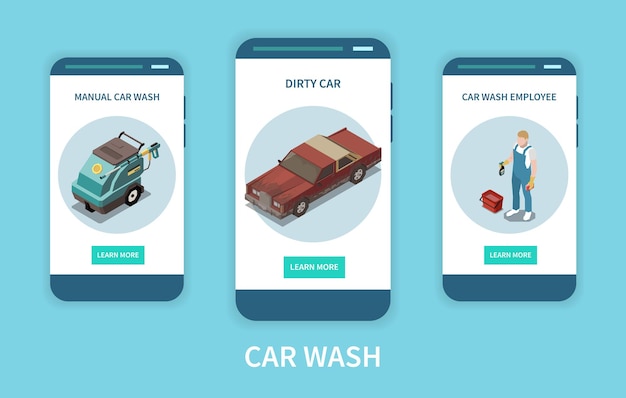 Isometric banners set with car wash employee and dirty passenger car isolated on blue background 3d