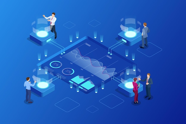Isometric Big Data Network visualization, advanced analytics, interacting Data analysis, research, audit, demographics, Artificial Intelligence, planning, statistics, digital DNA structure, management