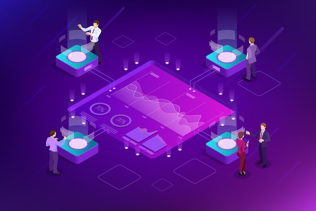 Isometric Big Data Network visualization, advanced analytics, interacting Data analysis, research, audit, demographics, Artificial Intelligence, planning, statistics, digital DNA structure, management