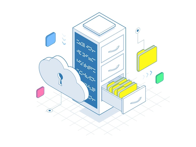 Isometric big data storage and cloud computing computer service on lines. Modern web network and internet telecommunication technology vector illustration.