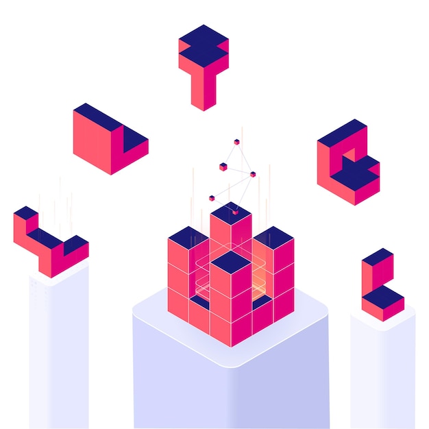 Isometric blockchain stack Tech blocks API connections artificial intelligence web3 crypto tetris