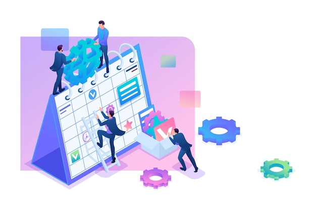 isometric businessmen make a business plan for the next month. concept for web design.