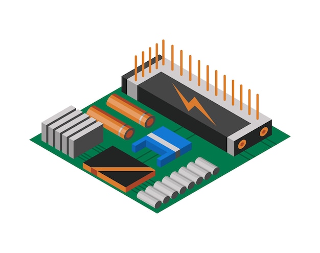 isometric circuit board with electronic components. computer chip technology processor circuit and computer motherboard information system. technology equipment device concept