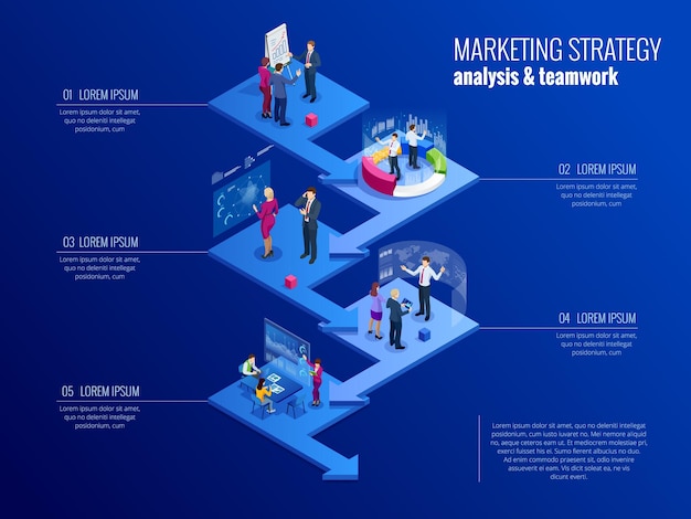 Isometric concept of analytics strategy investment management Investment and virtual finance Communication and digital marketing
