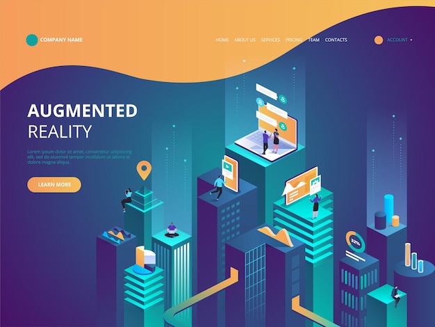 Isometric concept virtual reality and augmented reality AR and VR Development. Digital Media Technology for website and mobile app. Software development and programming. Computation of big data center