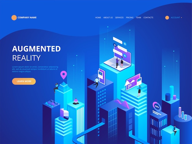 Isometric concept virtual reality and augmented reality AR and VR Development. Digital Media Technology for website and mobile app. Software development and programming. Computation of big data center