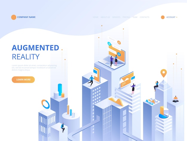 Isometric concept virtual reality and augmented reality AR and VR Development. Digital Media Technology for website and mobile app. Software development and programming. Computation of big data center