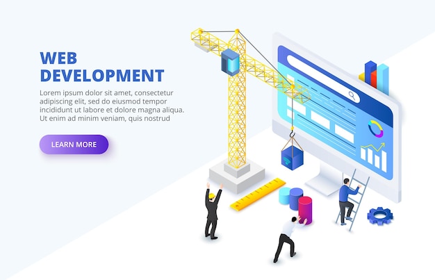 isometric concept with character team at project development template for developer