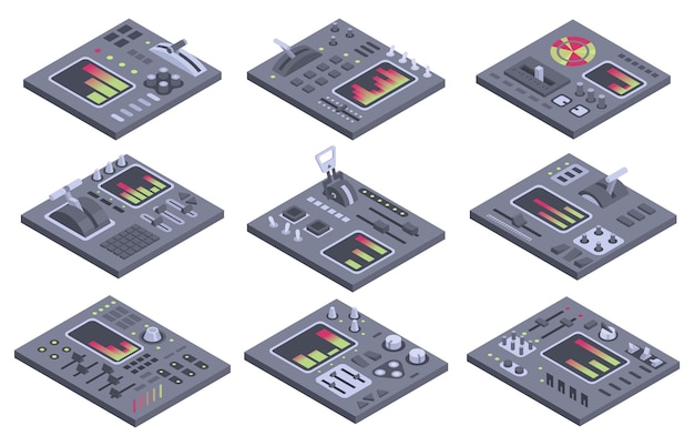 Isometric control panels spaceship with sliders controllers buttons 3d dashboards on white