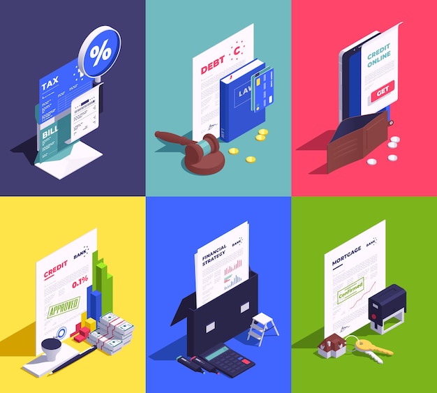 Isometric credit and loan mini composition collection