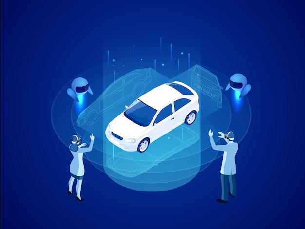 Isometric Cybernetic Robots and people works with a virtual interface in augmented reality Virtual computer development of a car model using artificial intelligence Future concept