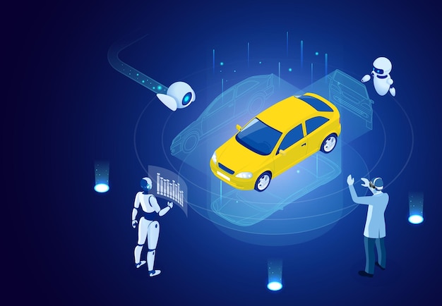 Isometric Cybernetic Robots and people works with a virtual interface in augmented reality Virtual computer development of a car model using artificial intelligence Future concept