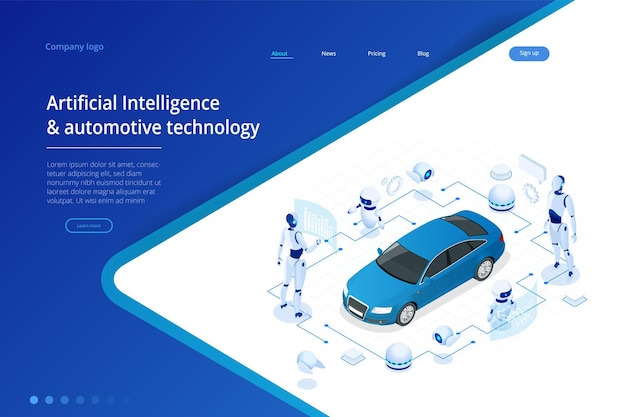 Isometric Cybernetic Robots works with a virtual interface in augmented reality Virtual computer development of a car model using artificial intelligence Future concept