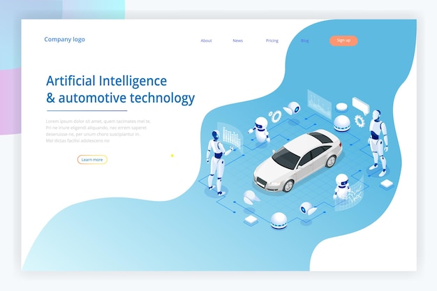 Isometric Cybernetic Robots works with a virtual interface in augmented reality Virtual computer development of a car model using artificial intelligence Future concept