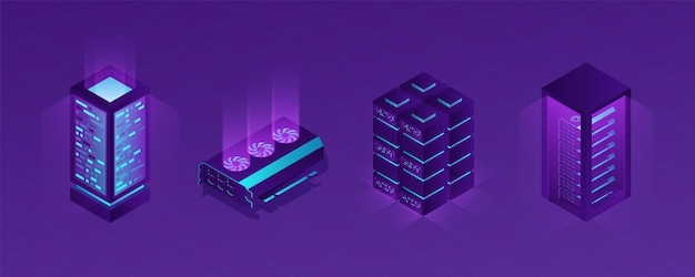 Isometric data center Crypto server Tech blockchain video database Cloud mining technology Computing hardware Electronic processor and cooler Glowing computer equipment vector set