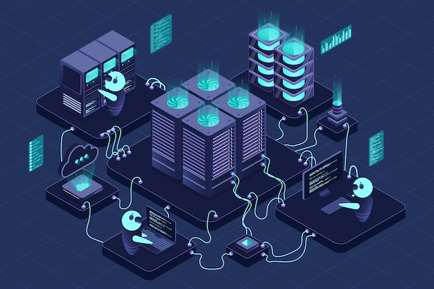 isometric data center or server room data center connection network cloud storage isometric high technology concept isometric technology