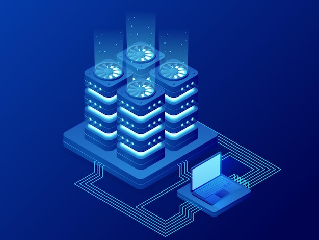 isometric database network management. big data processing, energy station of future. it technician turning server. cloud service. digital information. vector illustration.