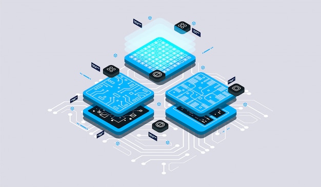 Isometric design concept virtual reality and augmented reality. software development and programming. Computation of big data center, quantum computer isometric   technology