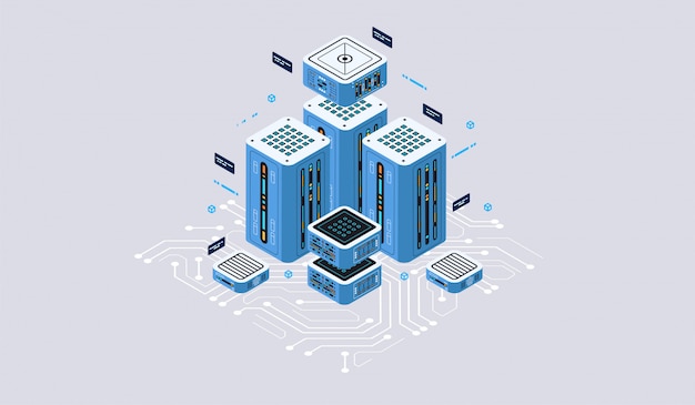 Isometric design concept virtual reality and augmented reality. software development and programming. Computation of big data center, quantum computer isometric   technology