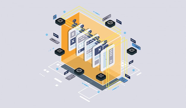 Isometric design concept virtual reality and augmented reality. software development and programming. Computation of big data center, quantum computer isometric   technology