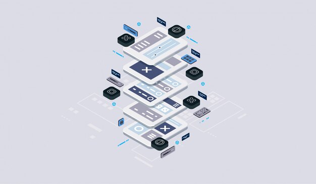 Isometric design concept virtual reality and augmented reality. software development and programming. Computation of big data center, quantum computer isometric   technology