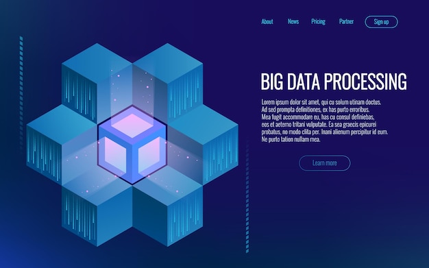Isometric digital technology web banner. Analysis and Information. Big data access storage distribution information management and analysis. Vector illustration
