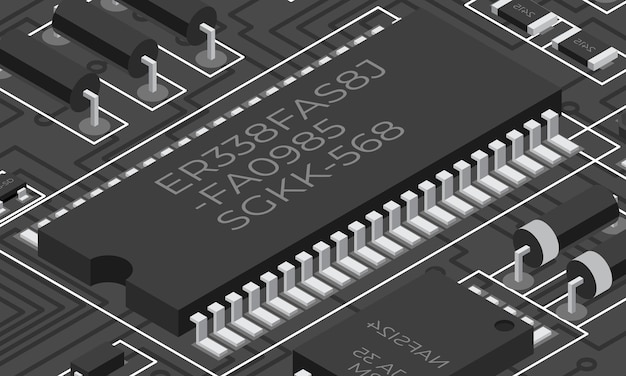 isometric electronic board isometric printed circuit board with electronic components electronic components and integrated circuit board