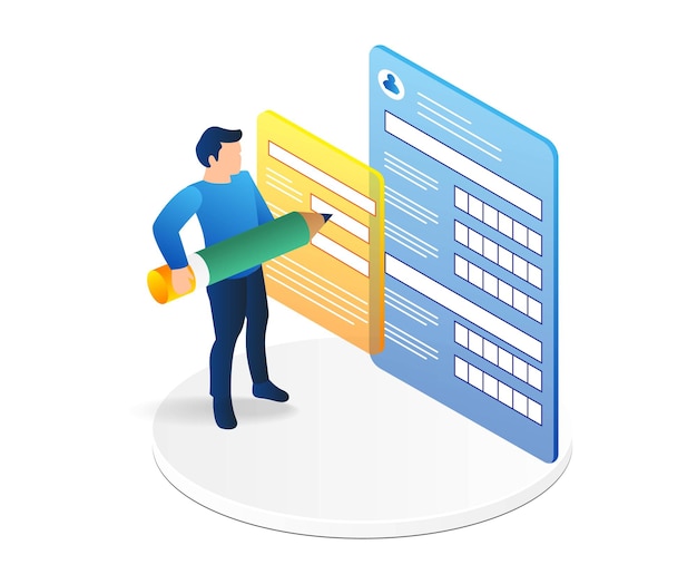 Isometric flat 3d illustration concept of man filling registration form on screen