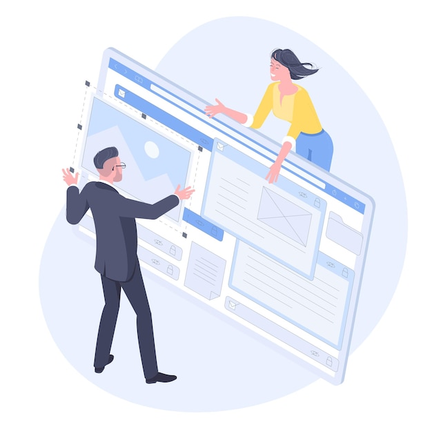 isometric flat design concept of web development, programmer engineering and coding website application. young man and woman developers project engineers programming application design.